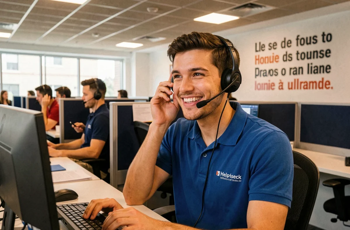 Technicien helpdesk Izitek souriant avec un casque dans un centre de support informatique professionnel