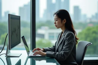 Jeune femme d'affaires asiatique au bureau moderne