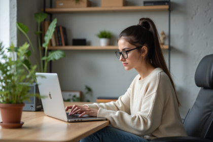 Jeune femme au bureau travaillant sur son ordinateur portable