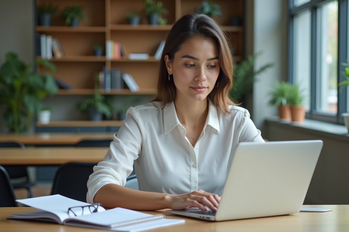 Jeune femme en bureau moderne travaillant sur son ordinateur