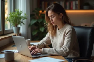 Jeune femme concentrée sur son ordinateur dans un bureau cosy