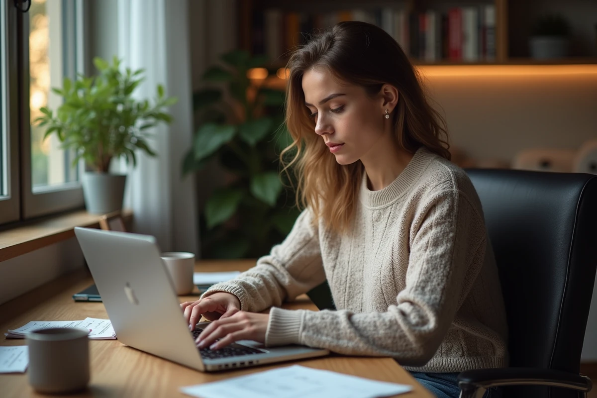 Jeune femme concentrée sur son ordinateur dans un bureau cosy