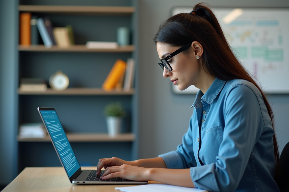 Jeune femme en formation cybersécurité sur un ordinateur