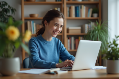 Jeune femme souriante travaillant sur un ordinateur dans un bureau créatif
