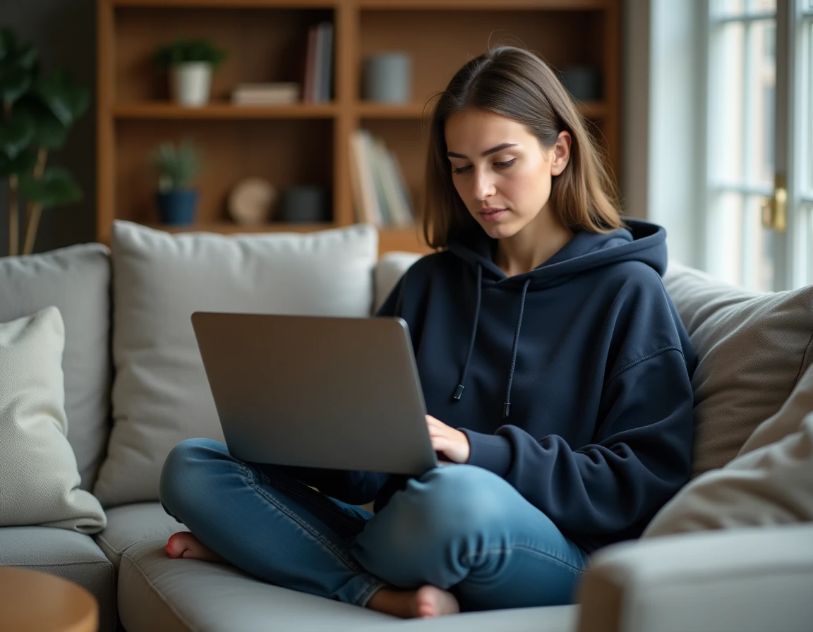Jeune femme sur un canapé lisant un email de réinitialisation de mot de passe pour accéder à son compte Mélanie Web