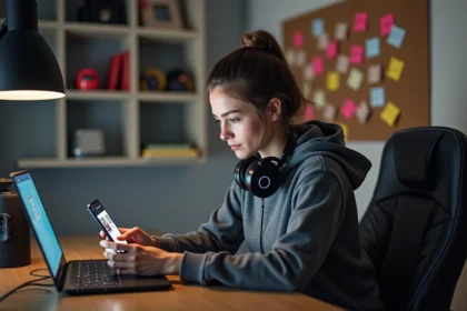 Jeune femme en hoodie jouant sur un ordinateur gaming