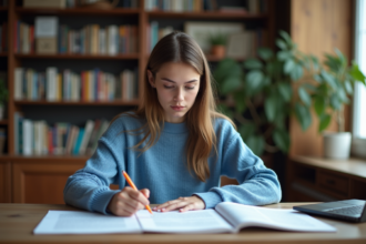 Jeune femme concentrée à analyser des documents dans un cadre cosy