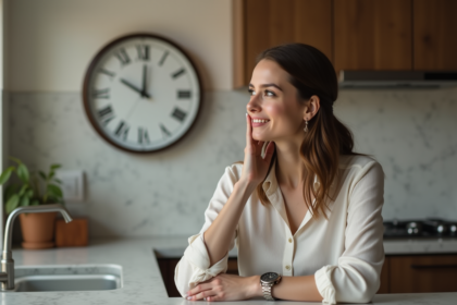 Jeune femme regardant une horloge murale dans la cuisine