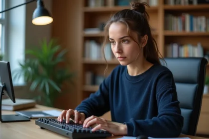 Jeune femme concentrée tapant sur un clavier mécanique dans un bureau moderne