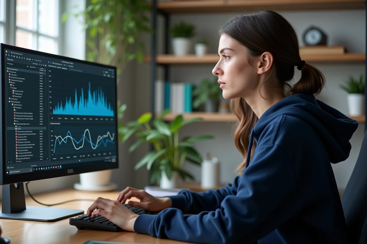 Jeune femme concentrée sur son ordinateur dans un bureau moderne