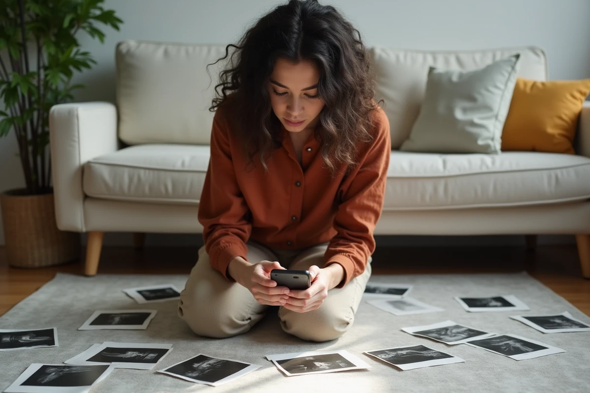Jeune femme entourée de photos imprimées cherchant à récupérer des souvenirs supprimés sur son iPhone après une réinitialisation