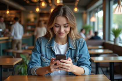 Jeune femme avec smartphone dans un café moderne