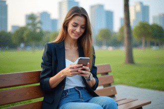 Jeune femme assise sur un banc dans un parc urbain avec smartphone
