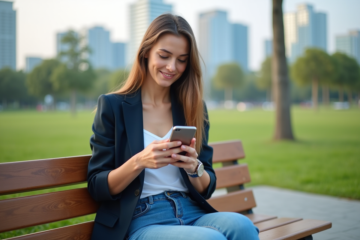 Jeune femme assise sur un banc dans un parc urbain avec smartphone