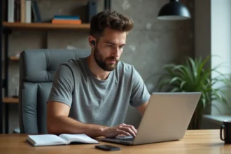 Jeune homme concentré sur son ordinateur dans un bureau moderne
