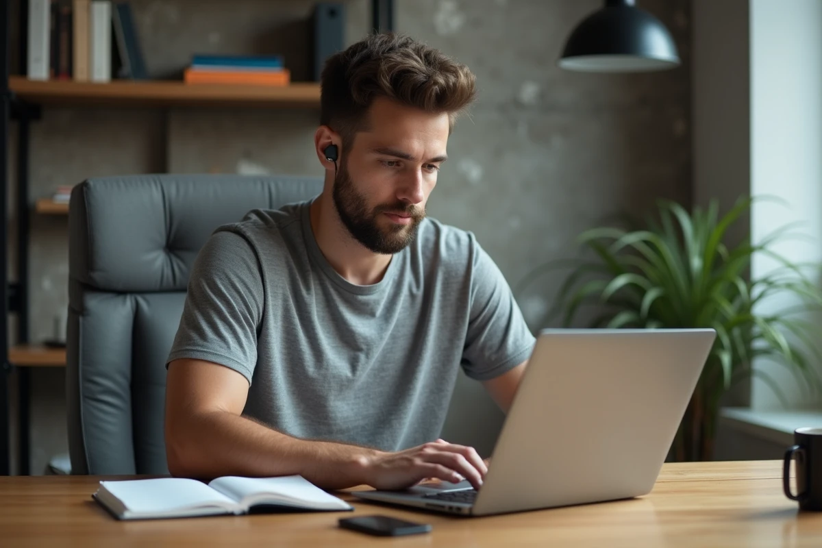Jeune homme concentré sur son ordinateur dans un bureau moderne