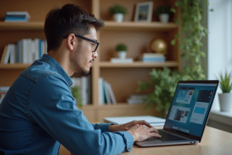 Jeune homme en casual travaillant sur un ordinateur portable dans un bureau moderne