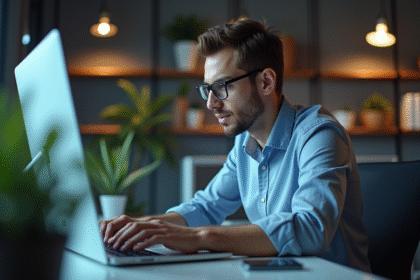 Jeune homme au bureau travaillant sur son ordinateur portable