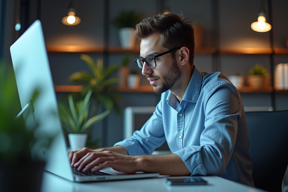 Jeune homme au bureau travaillant sur son ordinateur portable