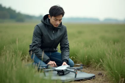 Jeune homme asiatique prépare un drone dans un champ ouvert