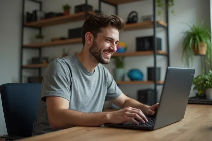 Jeune homme souriant utilisant un ordinateur portable gaming