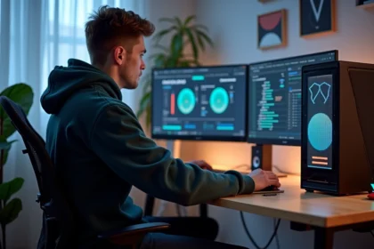 Jeune homme optimisant un PC gaming moderne dans un bureau