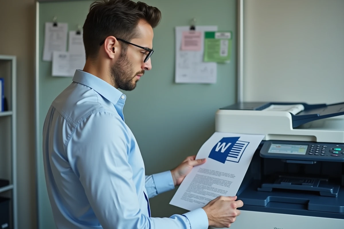 Jeune homme frustré devant une imprimante au bureau