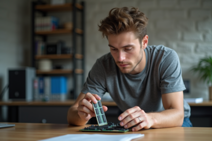 Jeune homme examine une carte mère dans un bureau tech