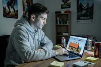 Jeune homme jouant à un jeu vidéo rétro sur ordinateur portable, illustrant les risques des ROMs Pokémon en ligne