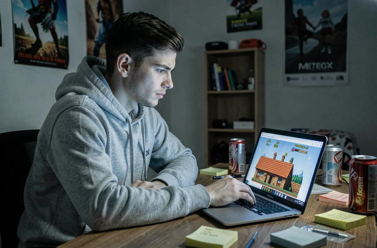 Jeune homme jouant à un jeu vidéo rétro sur ordinateur portable, illustrant les risques des ROMs Pokémon en ligne