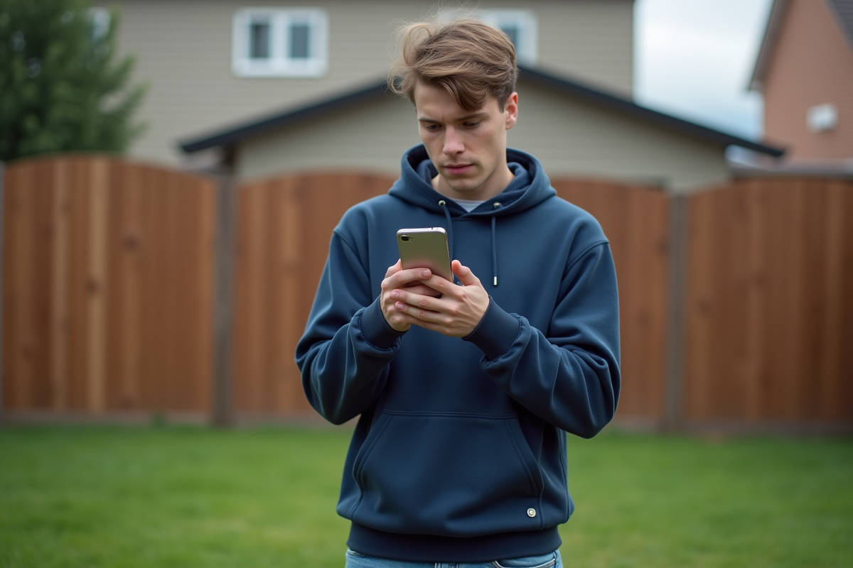 Jeune homme concentré avec smartphone dans un jardin