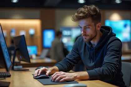 Jeune homme testant une souris moderne en magasin d'électronique
