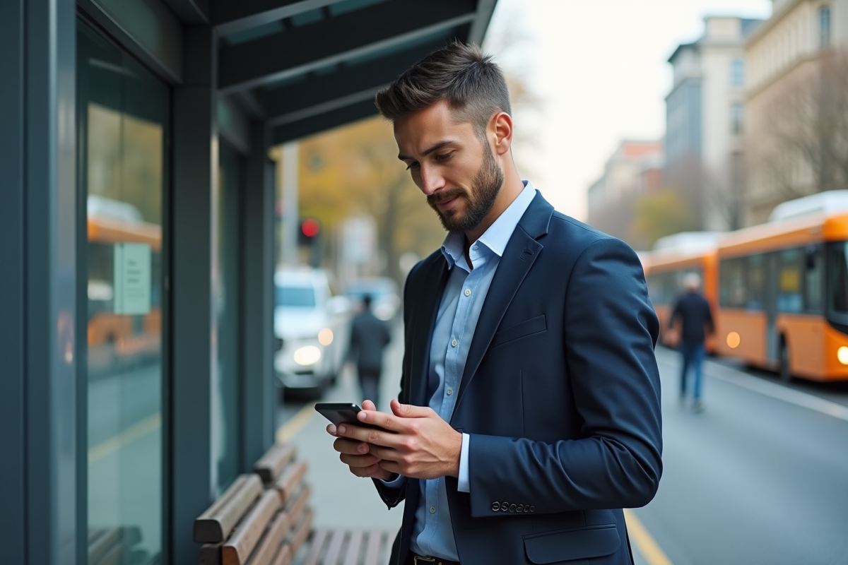 Jeune homme utilisant la recherche vocale en ville