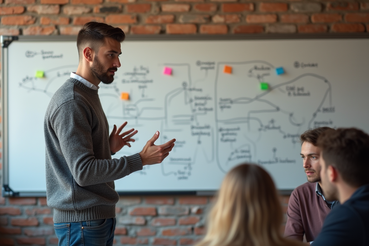 Jeune homme expliquant un diagramme devant un whiteboard