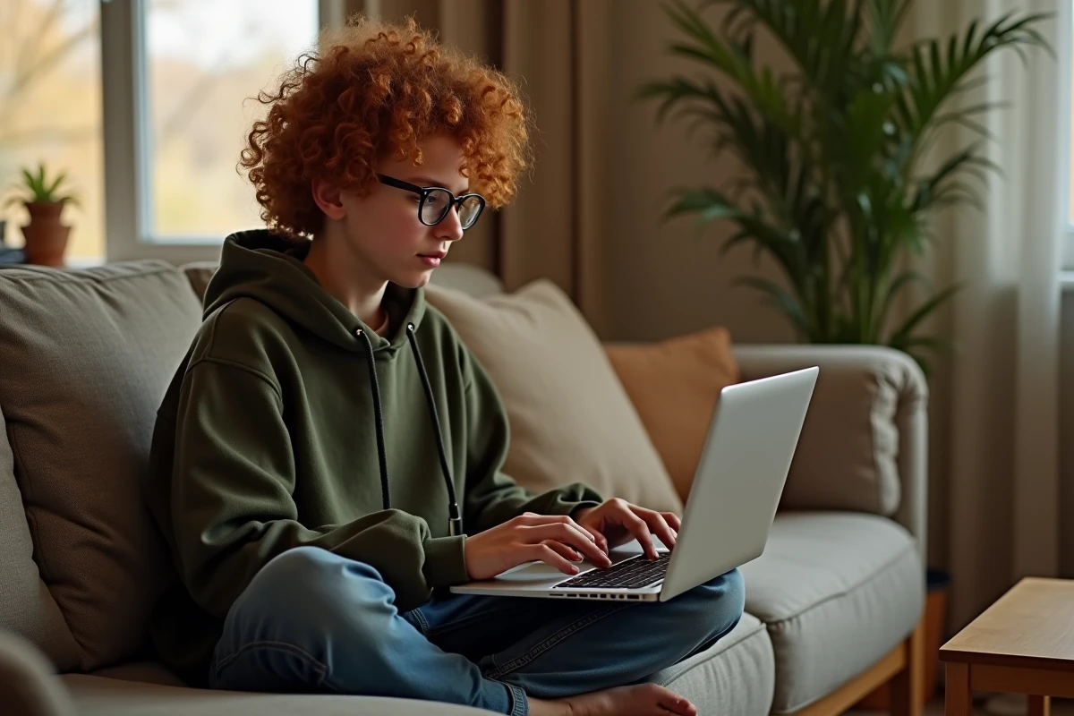 Jeune personne tapant sur un clavier AZERTY d'ordinateur portable en cherchant comment écrire un É majuscule