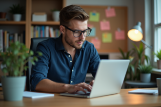 Jeune homme professionnel travaillant sur son ordinateur dans un bureau moderne