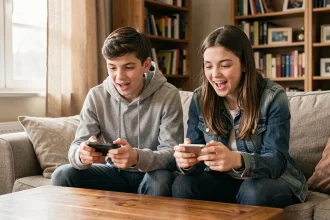 Deux adolescents jouant ensemble à Minecraft en multijoueur sur iPhone, assis côte à côte dans un salon