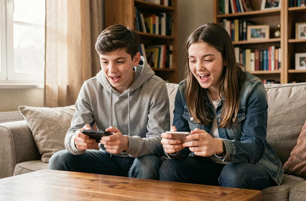 Deux adolescents jouant ensemble à Minecraft en multijoueur sur iPhone, assis côte à côte dans un salon