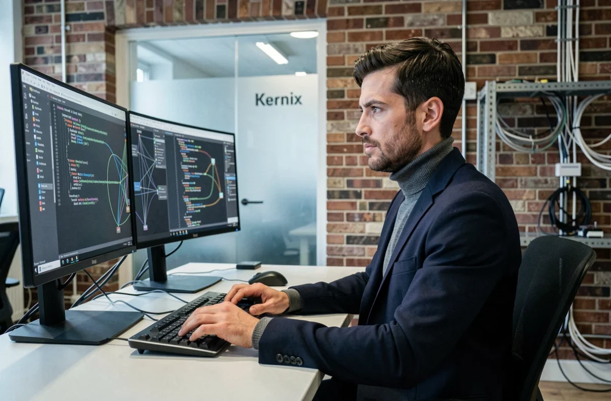 Consultant informatique Kernix travaillant sur des systèmes Linux dans un bureau parisien moderne