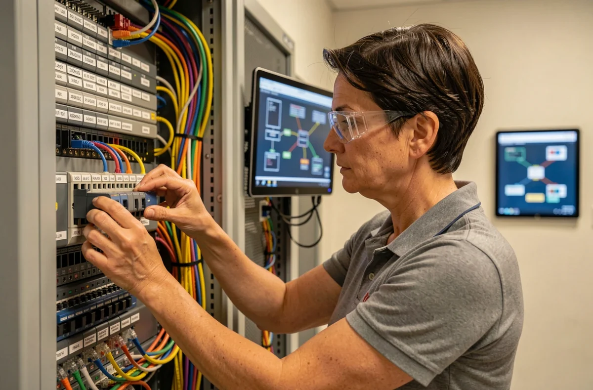 Technicienne LMS Informatique installant un commutateur réseau dans une baie de serveurs professionnelle