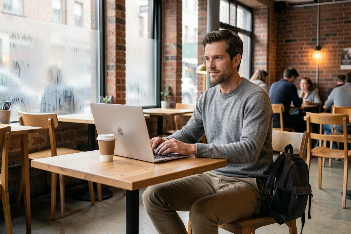 Homme travaillant sur un MacBook 13 pouces dans un café avec un petit sac à dos posé à côté de lui