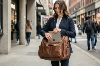 Femme professionnelle glissant un MacBook 13 pouces dans un sac messenger en cuir devant l'entrée d'un métro