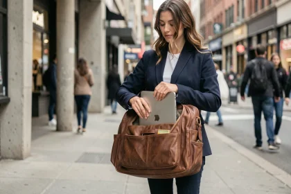 Femme professionnelle glissant un MacBook 13 pouces dans un sac messenger en cuir devant l'entrée d'un métro