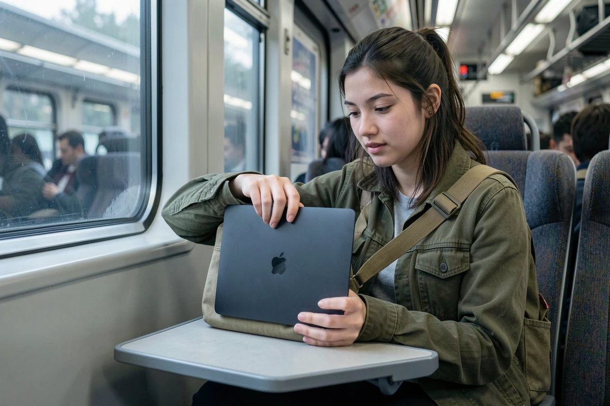 Étudiante sortant un MacBook 13 pouces de son sac à dos dans un train de banlieue