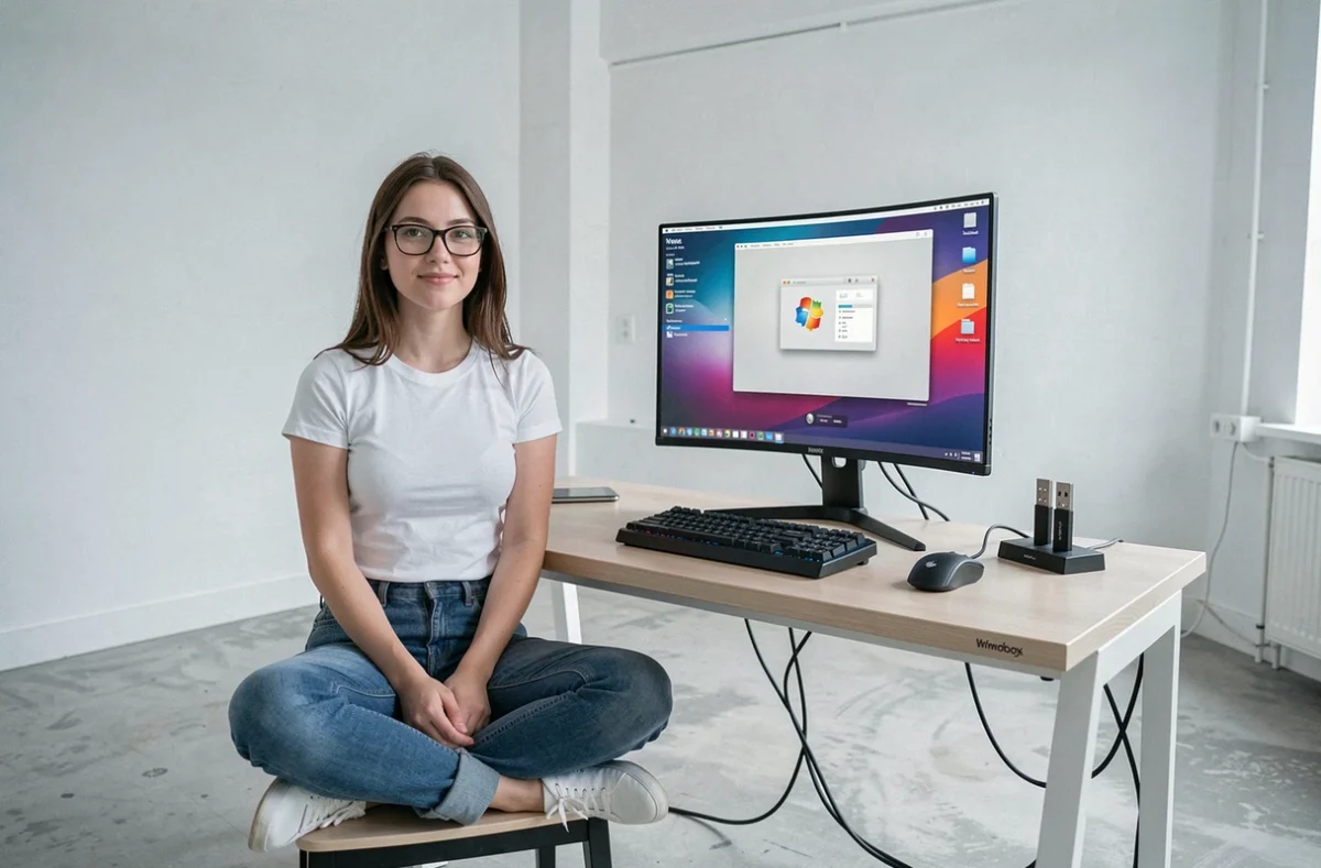 Jeune femme utilisant VMware pour virtualiser macOS sur un PC avec grand écran ultrawide