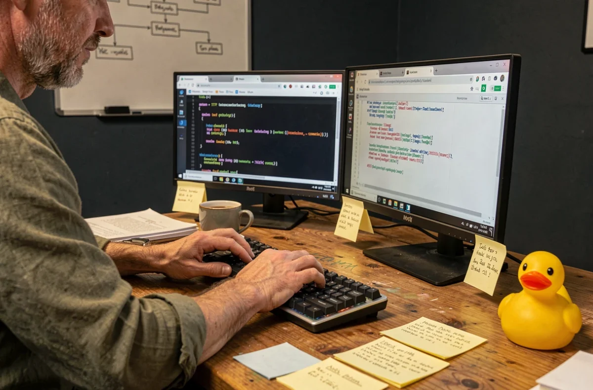 Mains de développeur tapant un script Python de scraping face à des erreurs HTTP 403 sur deux écrans dans un bureau de startup