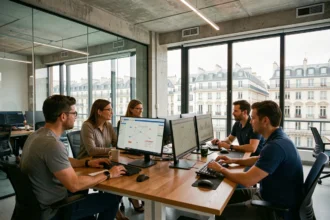 Équipe de professionnels informatiques travaillant dans un open-space moderne en Île-de-France