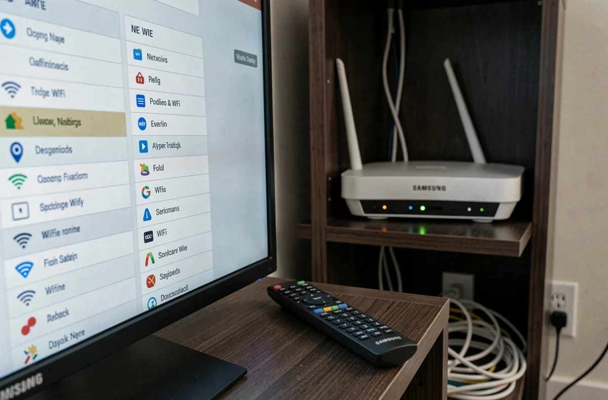 Écran TV Samsung affichant le menu de sélection du réseau WiFi avec routeur en arrière-plan