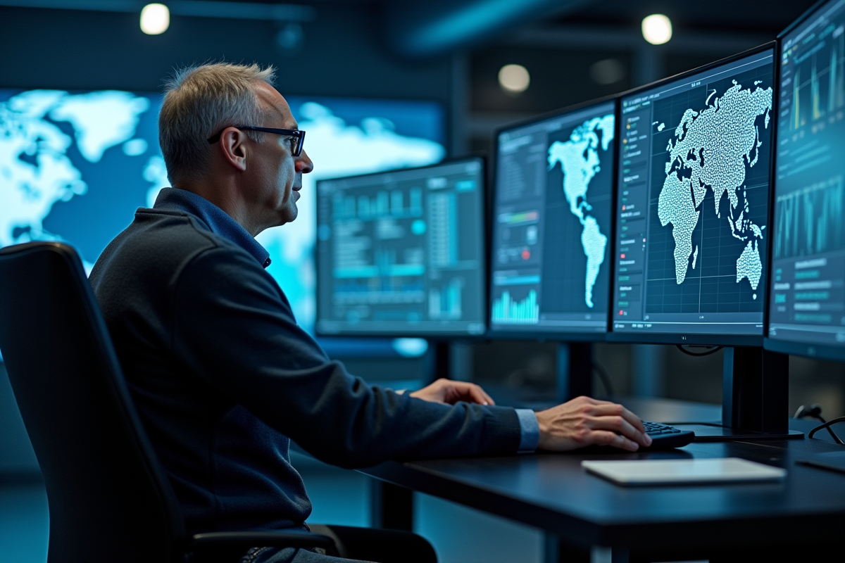 Professionnel IT surveillant une simulation d