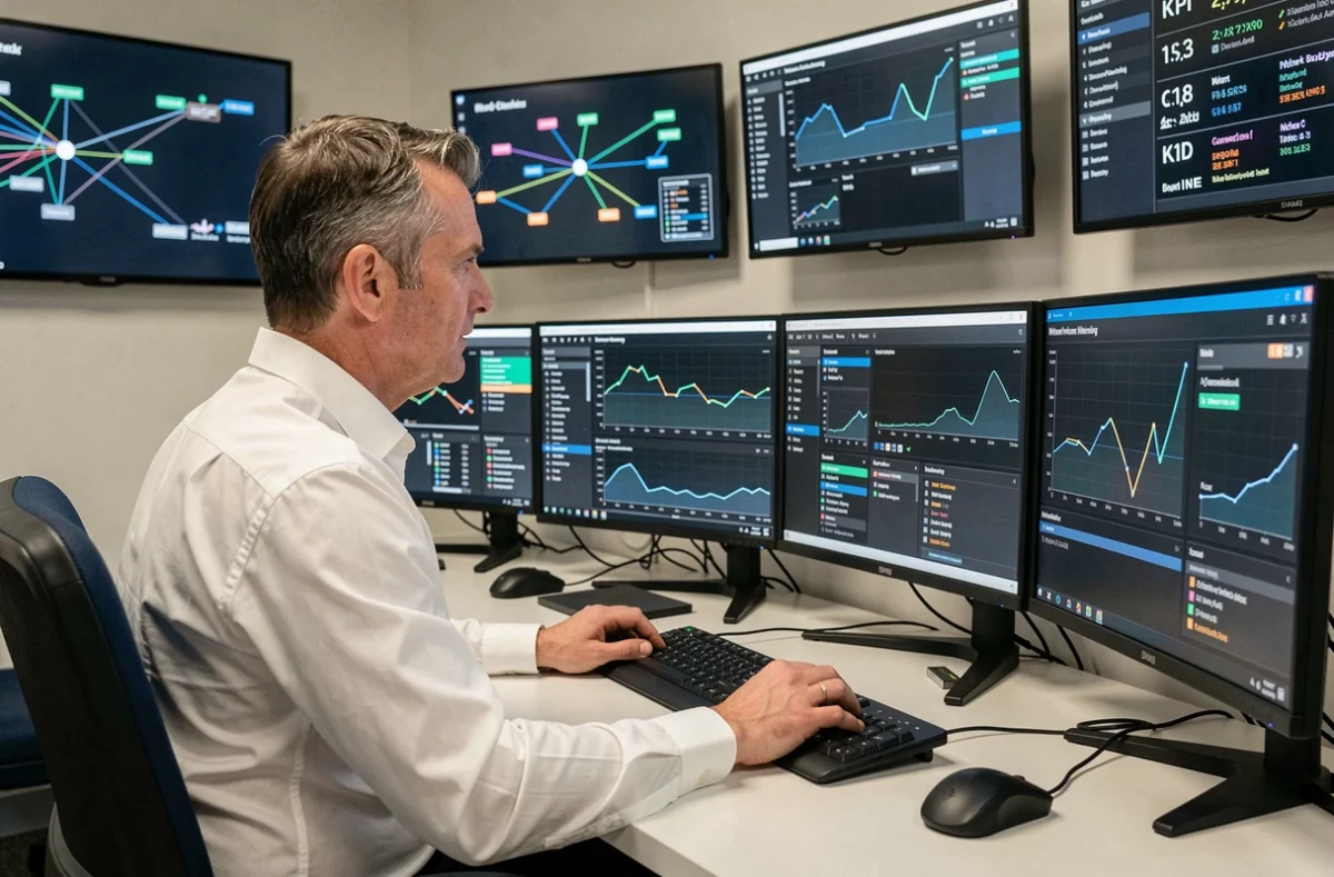 Ingénieur réseau NCI surveillant des tableaux de bord de monitoring en temps réel dans un centre d'opérations réseau